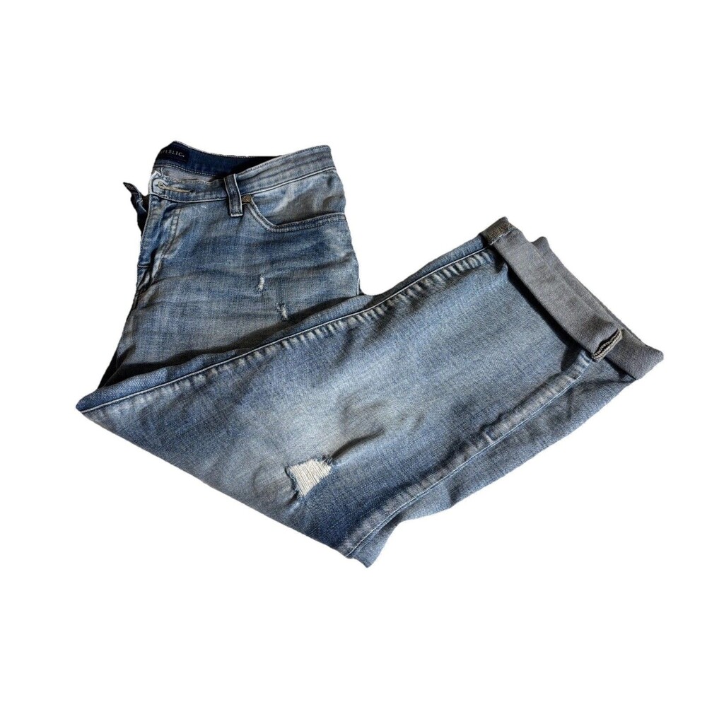 Rock & Republic Jeans Womens 10 Blue Denim Faded Distressed Straight Leg Cuffed